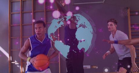 Basketball players dribbling and defending under neon holographic globe projection in gym