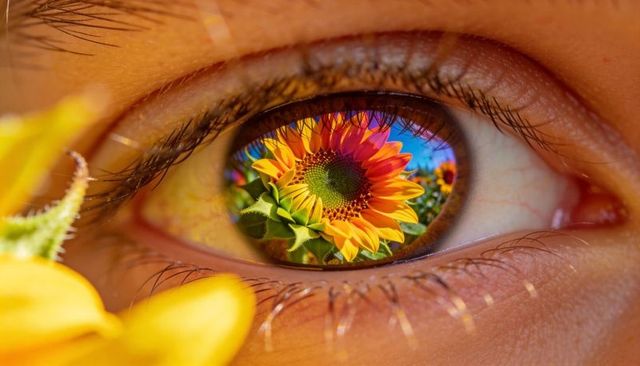 Close-up macro eye reflecting sunflowers and blue sky, vivid floral reflection in iris