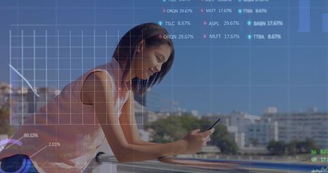 Woman Analyzing Stock Market Using Smartphone with Digital Overlay