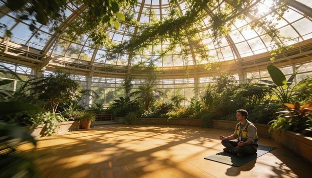 Construction worker meditating in sunlit glass conservatory surrounded by tropical plants