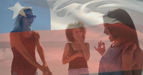 Three friends laughing on sunny beach with usa flag overlay summer vacation
