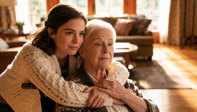 Daughter hugging elderly mother in sunlit living room showing compassionate home care