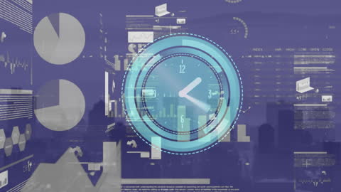 Digital Clock and Graphs Overlaying Cityscape for Business Presentation