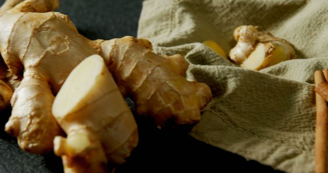 Close-up of fresh ginger root on a dark surface alongside a textured cloth is ideal for culinary blogs, health food marketing, or articles about herbal remedies. Emphasizes freshness and natural ingredients, suitable for use by chefs, dietitians, and wellness experts.