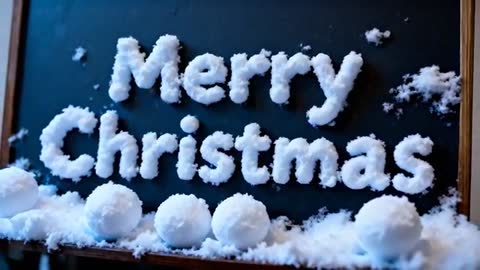 Camera revealing Merry Christmas snow lettering on chalkboard with falling soft snowflakes
