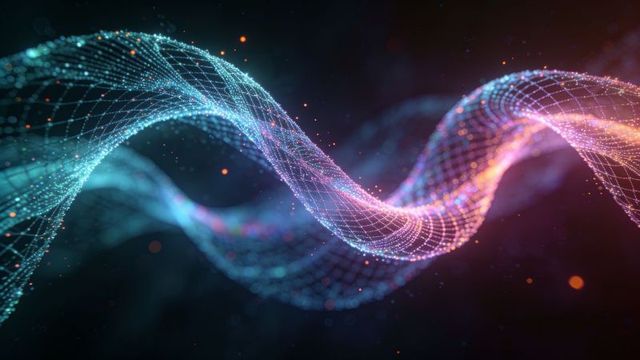 Neon wireframe wave flowing through dark space with glowing particles and digital network