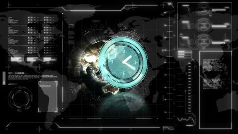 Futuristic Globe and Clock Animation with Data Interface