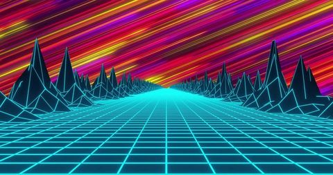 Neon grid highway into vanishing point with wireframe peaks and streaked vaporwave sky
