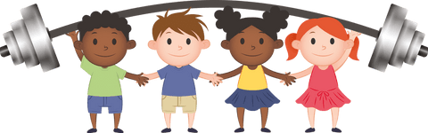 Diverse kids lifting dumbbell symbolizing teamwork and friendship transparent