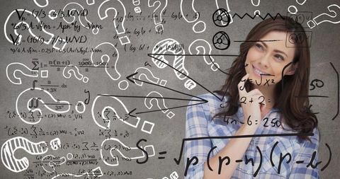 Woman contemplating mathematical formulas with overlay
