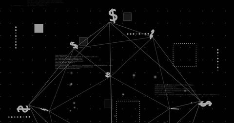 Digital network and currency symbols on black background
