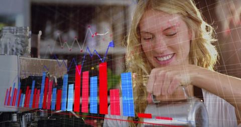 Barista Frothing Milk with Virtual Graph Overlay in Coffee Shop