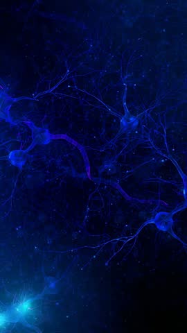Faint glow starting as neuron pair sending pulse along pink axon in blue neural network vertical