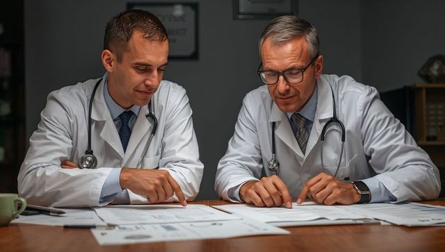 Doctors collaborating reviewing medical documents