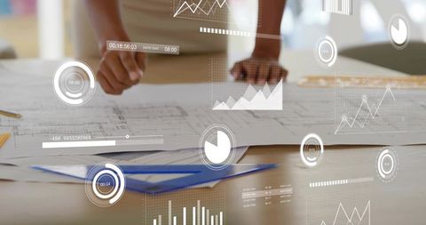 Woman Leaning Over Blueprints with HUD Analytics Overlay, Drafting Plans and Design