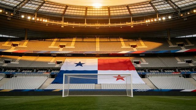 Giant panama flag draping stadium seats at golden sunset behind soccer goal net, empty