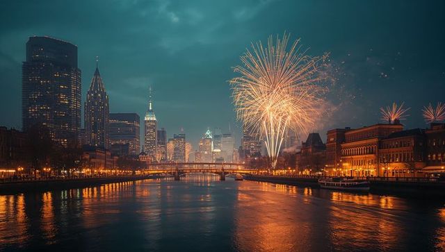 Vibrant Fireworks Illuminate City Skyline with River and Reflections
