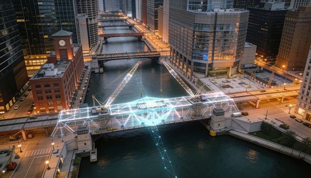 Glowing wireframe bridge spanning urban river at dusk with cranes, clock tower and city lights