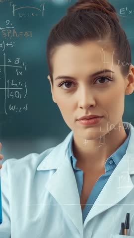 Female Scientist Holding Test Tube and Examining Blue Solution Facing Chalkboard Lab Video