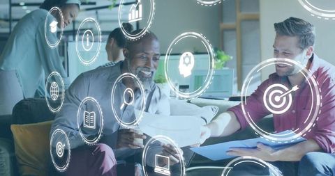 Innovative Business Collaboration with Futuristic Interface in Office Lounge