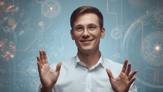 Smiling professional presenting innovation, raising hands with futuristic gear interface