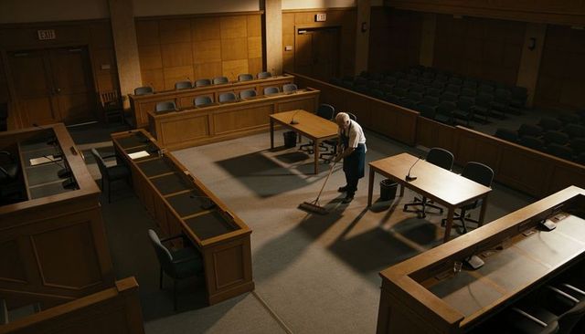 Nighttime janitor sweeping empty courtroom under warm wood-paneled lighting