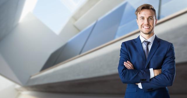 Confident businessman standing with arms crossed in front of contemporary architectural structure. Useful for corporate websites, business presentations, career development, and leadership training materials. Ideal for illustrating success, professionalism, and confidence in professional settings.
