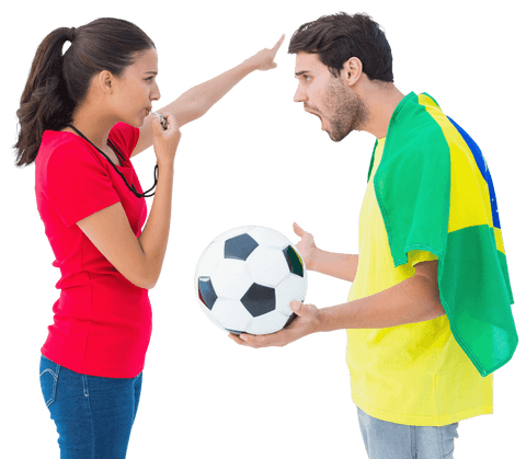 Referee woman issuing penalty to energetic brazilian soccer supporter on transparent background