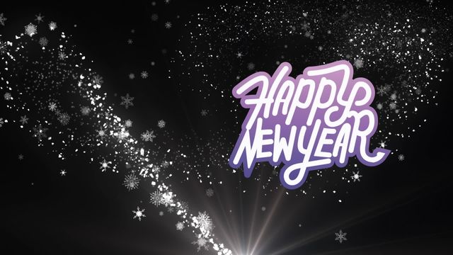 Digital animation for celebrating New Year, featuring sparkling light trails, stars, and 'Happy New Year' text on a black background. Ideal for social media posts, greeting cards, or festive banners.