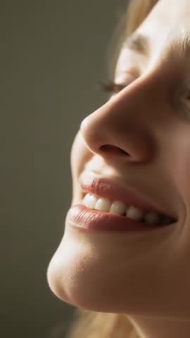 Vertical closeup woman smiling, deepening smile and closing eyes in warm soft-focus light