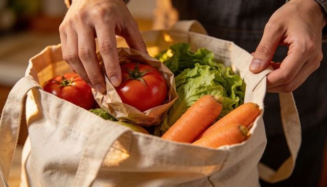 Placing paper-wrapped tomato into canvas tote bag with fresh carrots and lettuce