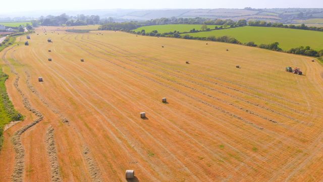 Aerial view captures heavy agricultural machinery working on a large agricultural field with hay bales scattered across the land. The scenic rural landscape and expanse of the farmland showcase the harvest season. This stock photo is great for illustrating agricultural activities, rural living, farming processes, and the beauty of the countryside.