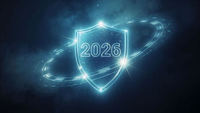 Glowing Holographic Shield 2026 Emitting Neon Cyan Orbital Ring with Digital Flares