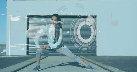 Woman Stretching with Futuristic Digital Interface Outdoors