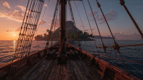 Sunset voyage on historical pirate ship approaching tropical island