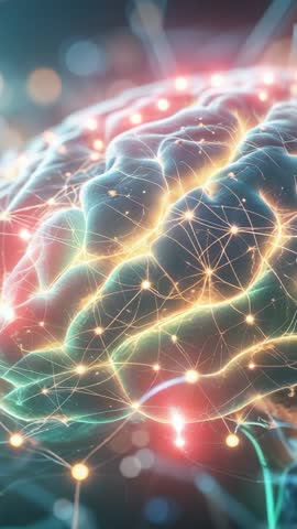 Rotating 3D Brain Lighting Up Neural Network Pulsing Vertical Visualization of Brain Connectivity