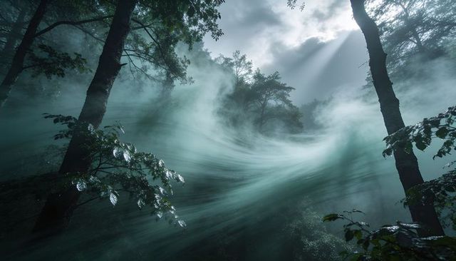 Ethereal mist swirling through rain-drenched forest with dramatic sunbeams