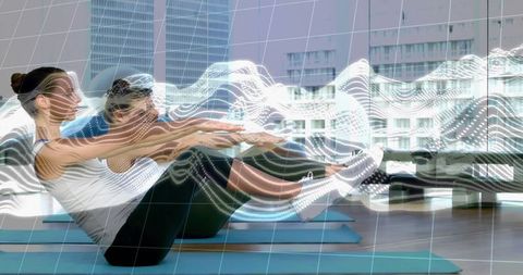 Group fitness workout enhancing city view and tracking