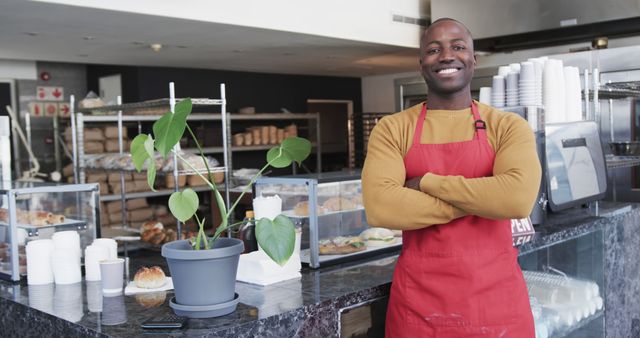 Confident Male Baker in Red Apron Standing in Bakery Shop - Download Free Stock Images Pikwizard.com