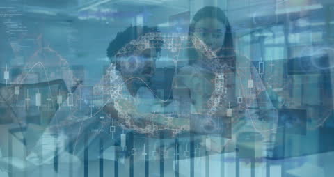 Collaborative Business Analysis with Futuristic AI Technology Overlay