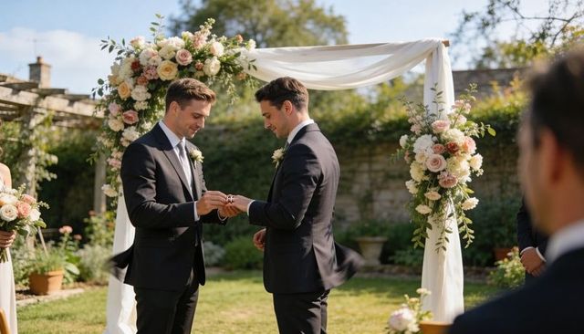 Two grooms exchanging rings under pastel floral arch in outdoor garden wedding ceremony
