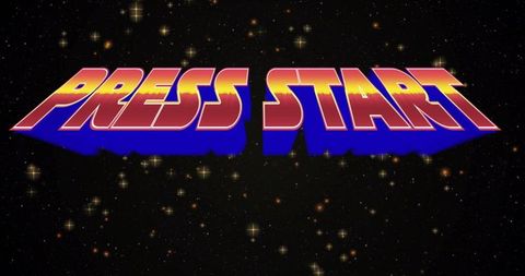Retro Gaming PRESS START Text in Space with Gradient Effect