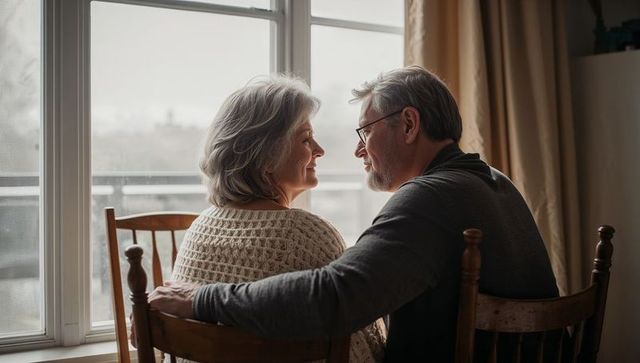 Senior couple sharing warm intimate moment sitting on wooden chairs by sunlit window, smiling