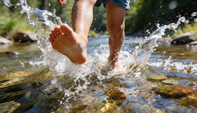 Child splashing through sunlit creek with bare feet and blue shorts, summer adventure