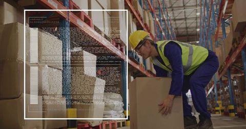 Korean warehouse worker bending and lifting box with ar hud overlay, helmet vest