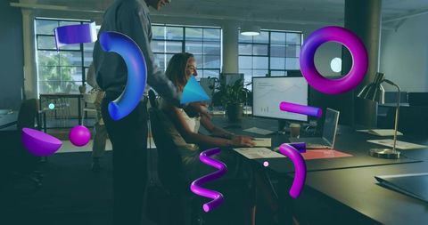 Colleagues analyzing dashboard in open-plan office with purple 3d overlay