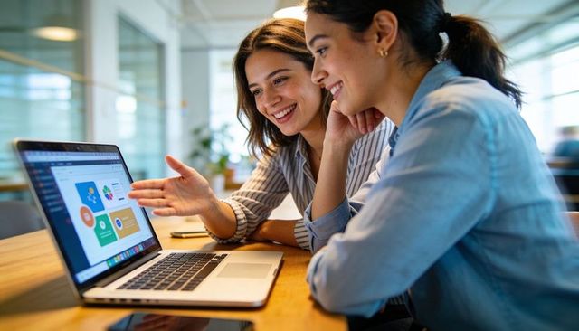Two coworkers collaborating on laptop pointing at colorful data dashboard in modern office