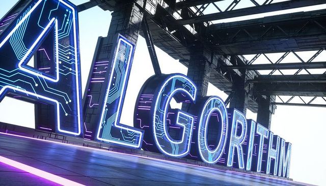 Giant neon algorithm letters dominating futuristic industrial hangar with circuit glow