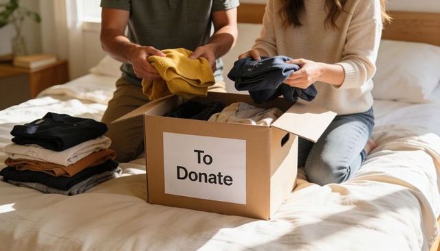 Couple packing clothes for donation into cardboard box labeled to donate in sunlit bedroom