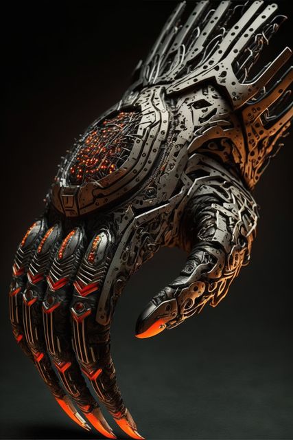 This image depicts a detailed and intricately designed futuristic robotic hand with glowing elements, set against a dark background. Ideal for use in technology, science fiction, and cyberpunk themes. Suitable for advertisements, article illustrations, poster designs, or fantasy and sci-fi artworks.